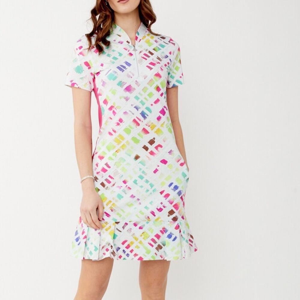 NEW DOLCEZZA Short Sleeve Golf Dress Zip Neck Colorful Athletic Women's Small